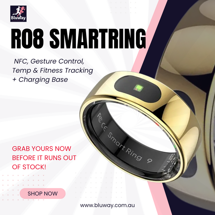 This is an image of R08 Smart Ring NFC Gesture Touch Remote Control Reminder Skin Temperature Measurement Health Fitness Tracking With Charging Base