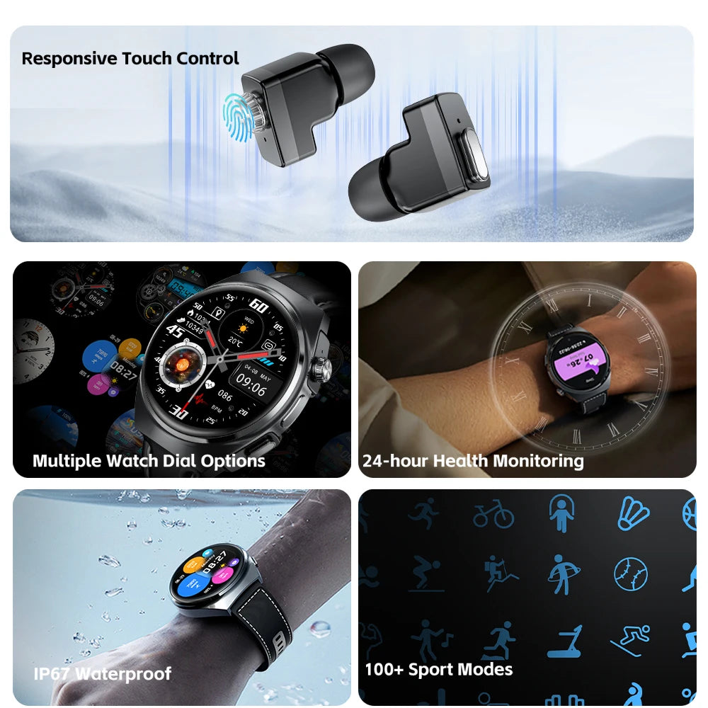 2024 New For HUAWEI Xiaomi Smart Watch With Earbuds TWS Bluetooth 2 in 1 Earphone Heart Rate Blood Pressure Monitor Sports Watch