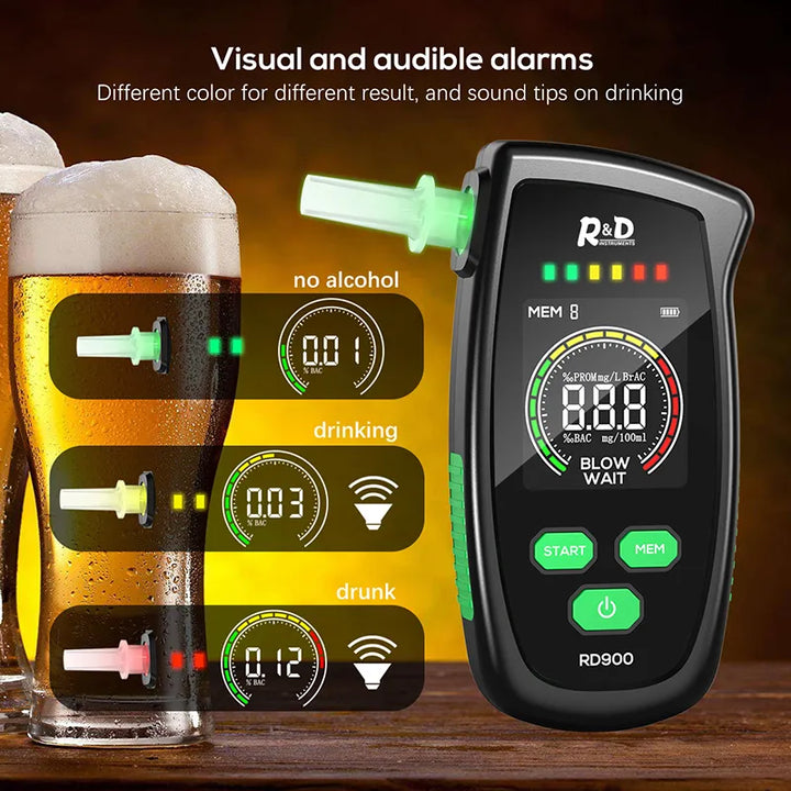 "Discover the R&D RD900 Alcohol Tester, a rechargeable digital breathalyzer ideal for personal and professional use. Ensure accurate alcohol testing with this portable and easy-to-use device."