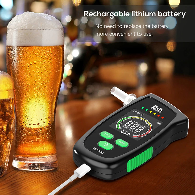 "Discover the R&D RD900 Alcohol Tester, a rechargeable digital breathalyzer ideal for personal and professional use. Ensure accurate alcohol testing with this portable and easy-to-use device."