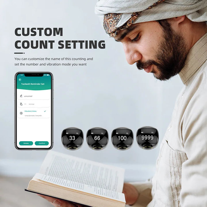 Explore the Equantu QB709 Bluetooth Prayer Counter Smart  Ring , featuring waterproof zinc alloy construction and advanced Bluetooth connectivity. Perfect for reliable and convenient prayer counting.