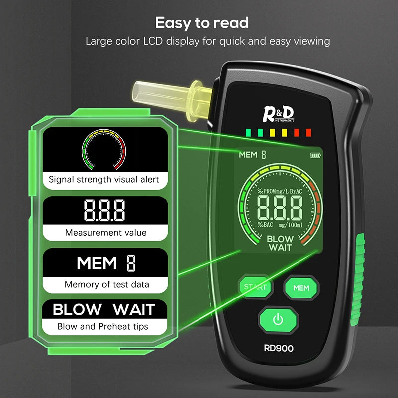 "Discover the R&D RD900 Alcohol Tester, a rechargeable digital breathalyzer ideal for personal and professional use. Ensure accurate alcohol testing with this portable and easy-to-use device."