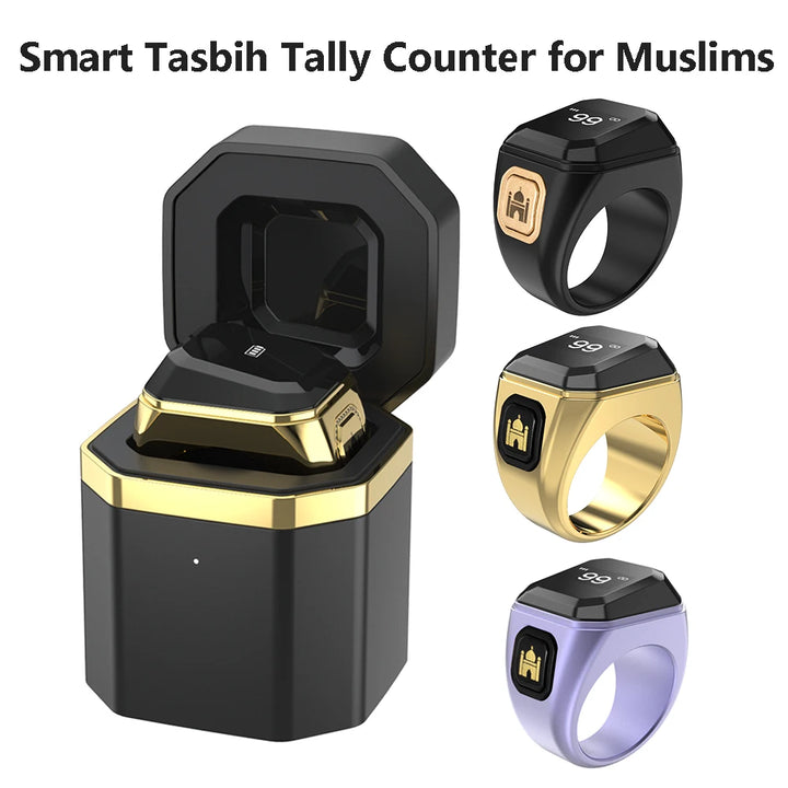 Iqibla Smart Tasbih Counter Prayer Ring. Features include an OLED display, Bluetooth connectivity, and a charging box for convenience.