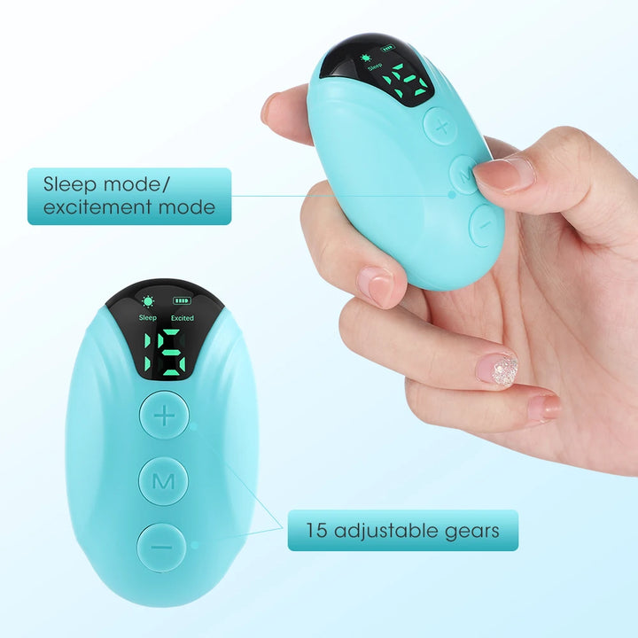 A small, white handheld sleep aid device  with a smooth, curved surface and a soft blue light emanating from the center. The device is designed to help users relax and fall asleep faster. 