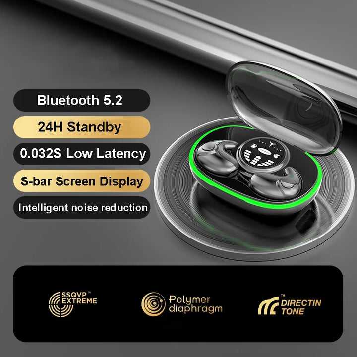 "Experience unparalleled comfort with Invisible Sleep Earphones. These wireless Bluetooth 5.3 headphones feature IPX5 waterproofing, noise reduction, and touch control for an exceptional sleep experience."