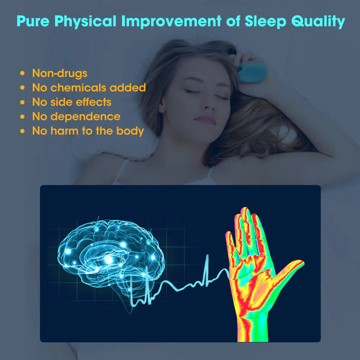 A small, white handheld sleep aid device  with a smooth, curved surface and a soft blue light emanating from the center. The device is designed to help users relax and fall asleep faster. 