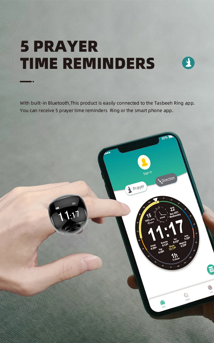 Explore the Equantu QB709 Bluetooth Prayer Counter Smart  Ring , featuring waterproof zinc alloy construction and advanced Bluetooth connectivity. Perfect for reliable and convenient prayer counting.
