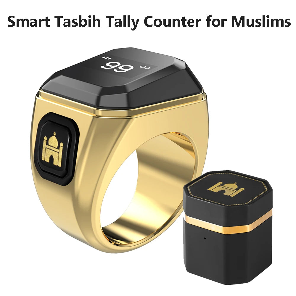 Iqibla Smart Tasbih Counter Prayer Ring. Features include an OLED display, Bluetooth connectivity, and a charging box for convenience.