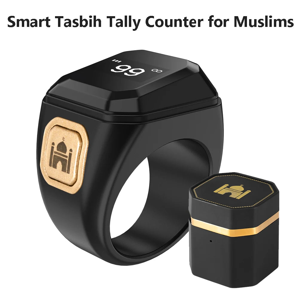 Iqibla Smart Tasbih Counter Prayer Ring. Features include an OLED display, Bluetooth connectivity, and a charging box for convenience.