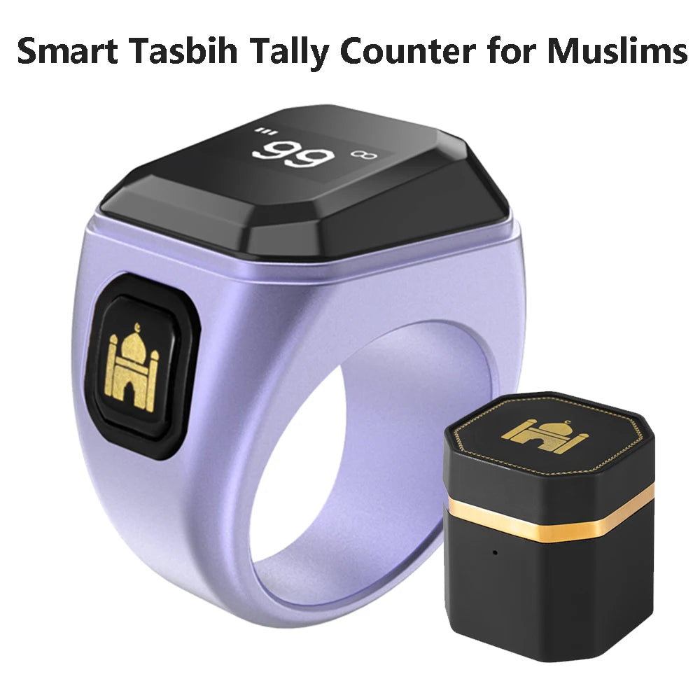 Iqibla Smart Tasbih Counter Prayer Ring. Features include an OLED display, Bluetooth connectivity, and a charging box for convenience.