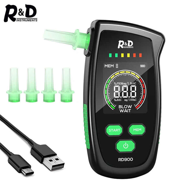 "Discover the R&D RD900 Alcohol Tester, a rechargeable digital breathalyzer ideal for personal and professional use. Ensure accurate alcohol testing with this portable and easy-to-use device."