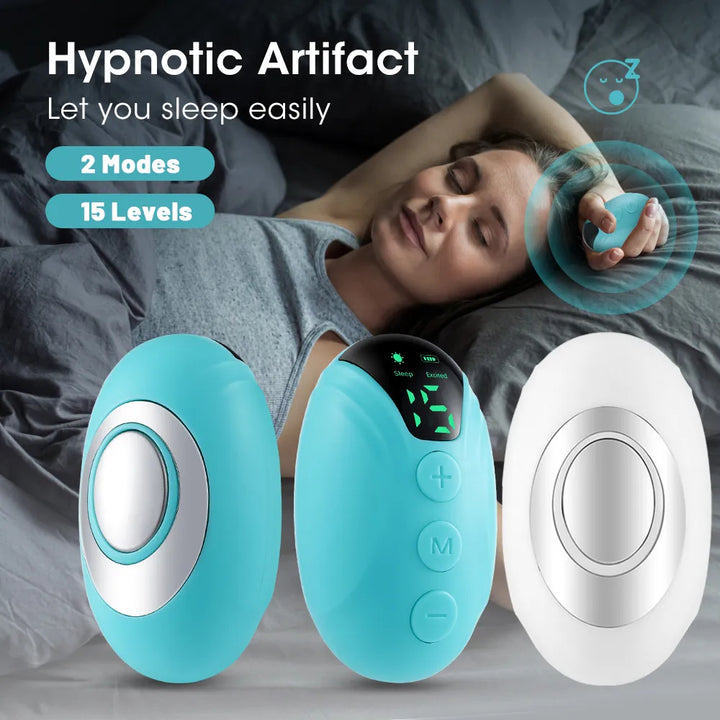 A small, white handheld sleep aid device  with a smooth, curved surface and a soft blue light emanating from the center. The device is designed to help users relax and fall asleep faster. 