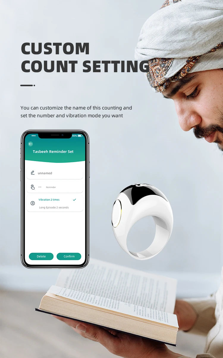 Explore the Equantu QB709 Bluetooth Prayer Counter Smart  Ring , featuring waterproof zinc alloy construction and advanced Bluetooth connectivity. Perfect for reliable and convenient prayer counting.