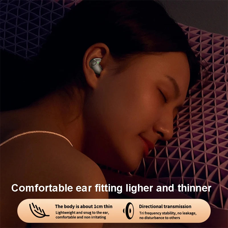 "Experience unparalleled comfort with Invisible Sleep Earphones. These wireless Bluetooth 5.3 headphones feature IPX5 waterproofing, noise reduction, and touch control for an exceptional sleep experience."