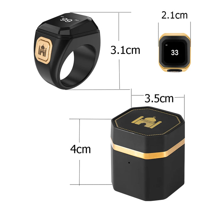 Iqibla Smart Tasbih Counter Prayer Ring. Features include an OLED display, Bluetooth connectivity, and a charging box for convenience.