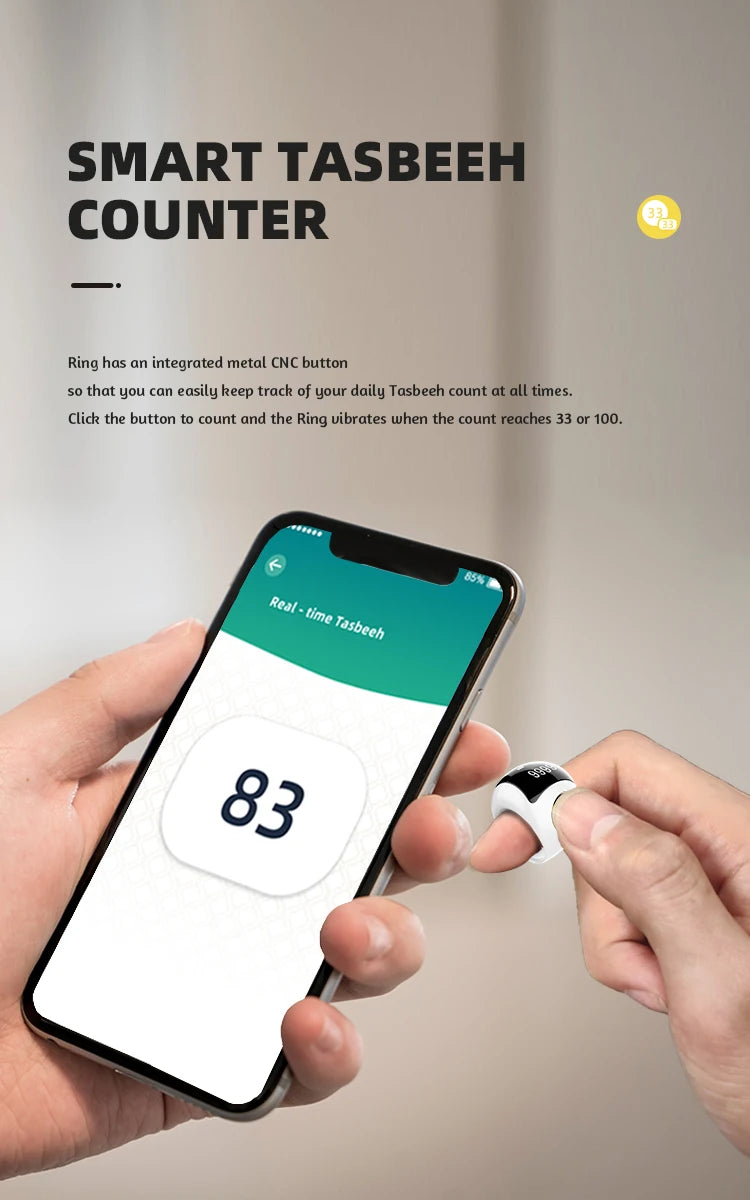 Explore the Equantu QB709 Bluetooth Prayer Counter Smart  Ring , featuring waterproof zinc alloy construction and advanced Bluetooth connectivity. Perfect for reliable and convenient prayer counting.