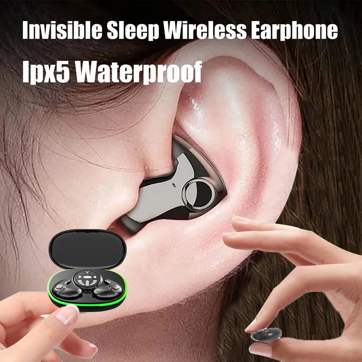 "Experience unparalleled comfort with Invisible Sleep Earphones. These wireless Bluetooth 5.3 headphones feature IPX5 waterproofing, noise reduction, and touch control for an exceptional sleep experience."