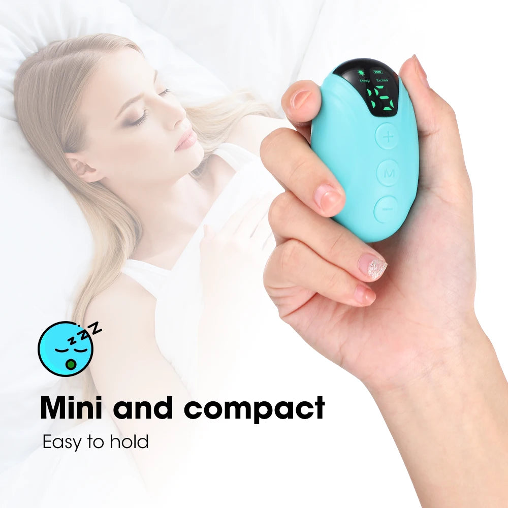 A small, white handheld sleep aid device  with a smooth, curved surface and a soft blue light emanating from the center. The device is designed to help users relax and fall asleep faster. 