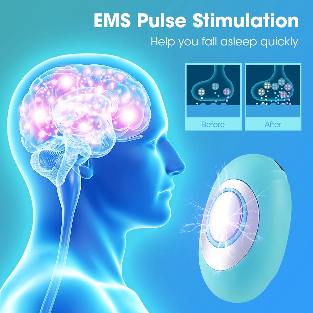 A small, white handheld sleep aid device  with a smooth, curved surface and a soft blue light emanating from the center. The device is designed to help users relax and fall asleep faster. 