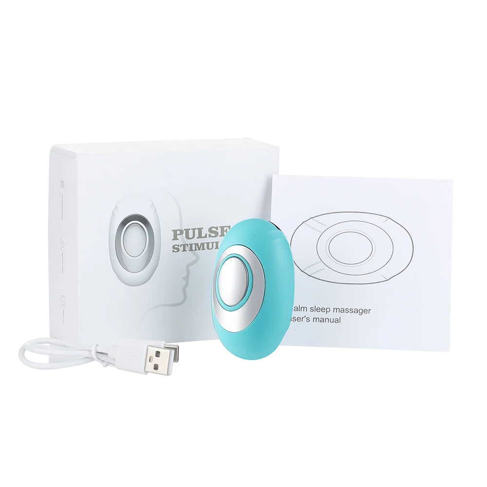 A small, white handheld sleep aid device  with a smooth, curved surface and a soft blue light emanating from the center. The device is designed to help users relax and fall asleep faster. 