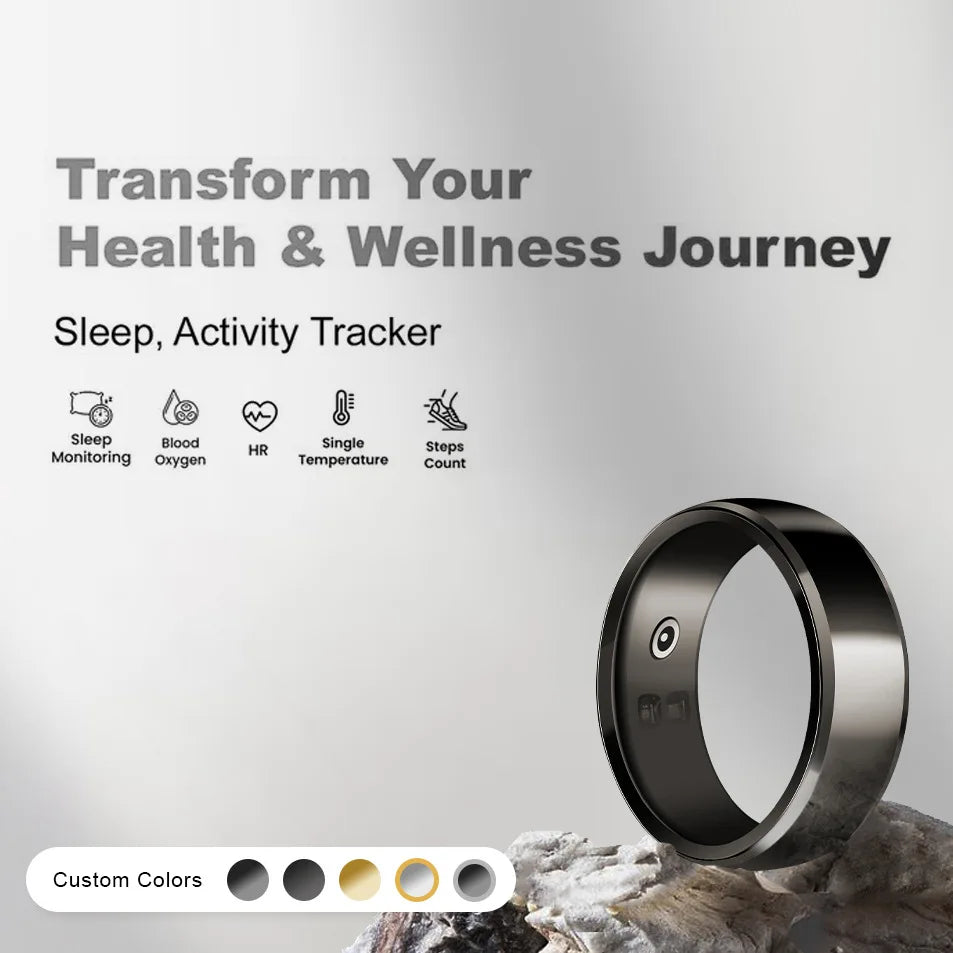 R2 Smart Ring Bracelet, featuring R2 technologies, Bluetooth connectivity, heart rate monitoring, waterproof design, blood oxygen tracking, sleep tracking, and positioning.