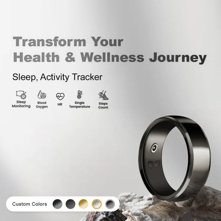 R2 Smart Ring Bracelet, featuring R2 technologies, Bluetooth connectivity, heart rate monitoring, waterproof design, blood oxygen tracking, sleep tracking, and positioning.