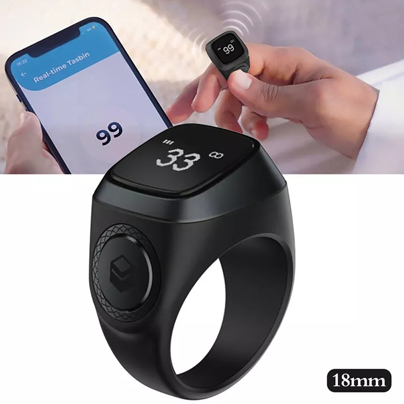 Image of Smart Ring Tasbih Tally Counter showing digital display and Bluetooth icon